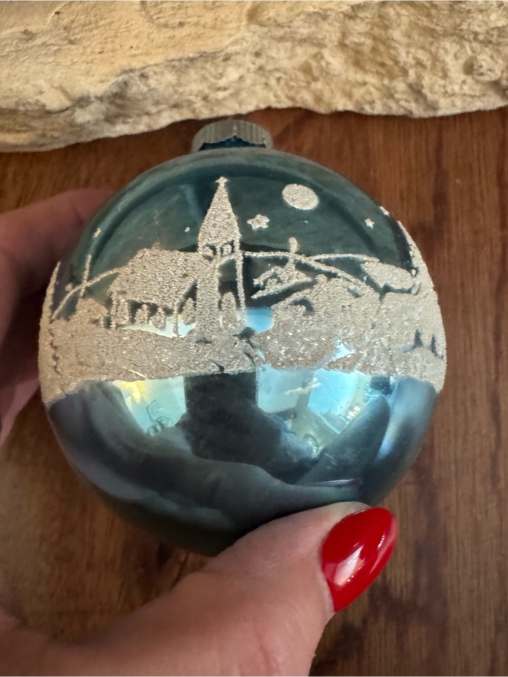 Vintage 4” Blue Hand-Blown Europe Mercury Ornament W Silver Glitter 1950-60’s